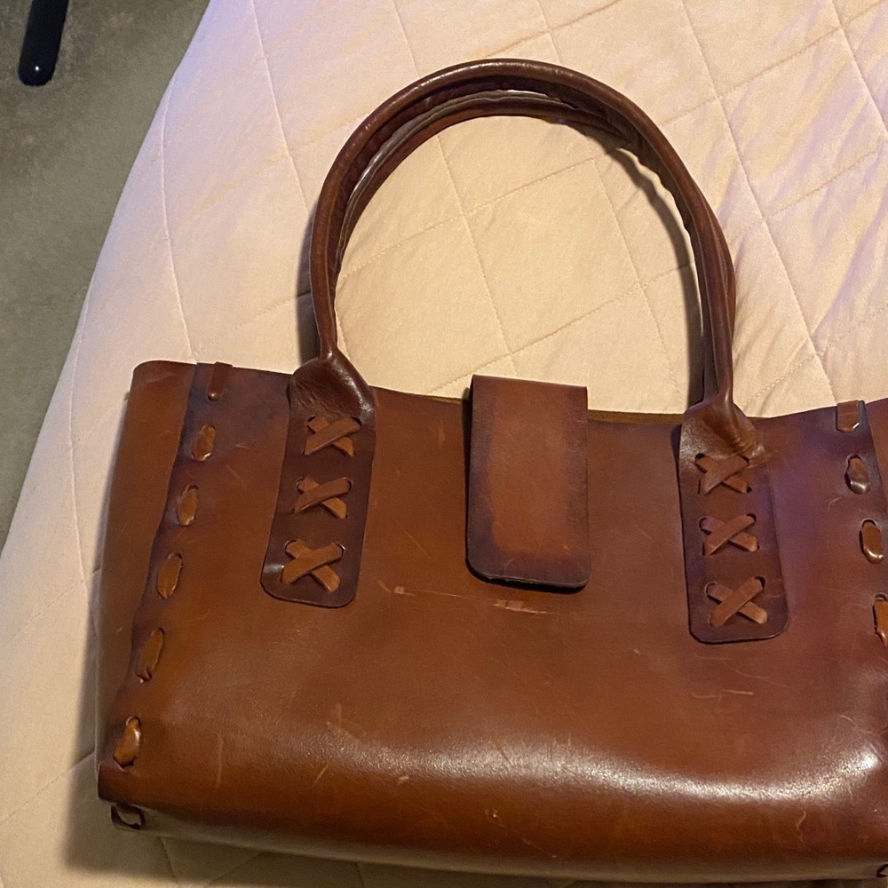 Brown leather tote bag